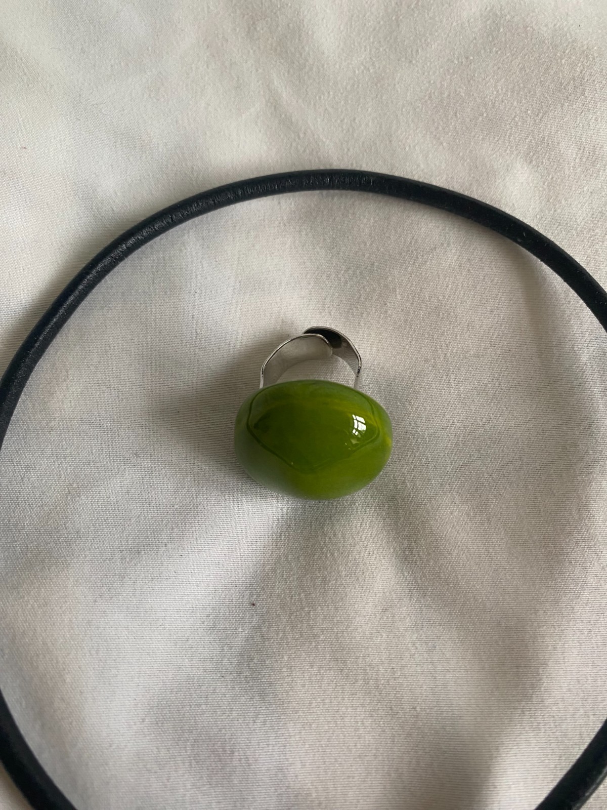 Elegant Silver Leather Ceramic Necklace & Adjustable Ring Set Made in France NWT