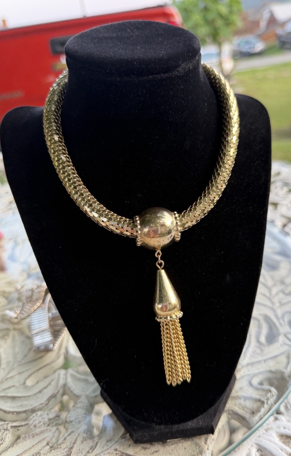 Whiting And Davis Gold Tone Mesh Choker With Sliding Tassel 12” to 14”