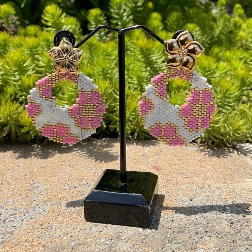 Pink White Beaded Floral Round Dangle/Drop Earrings Butterfly Back Closure