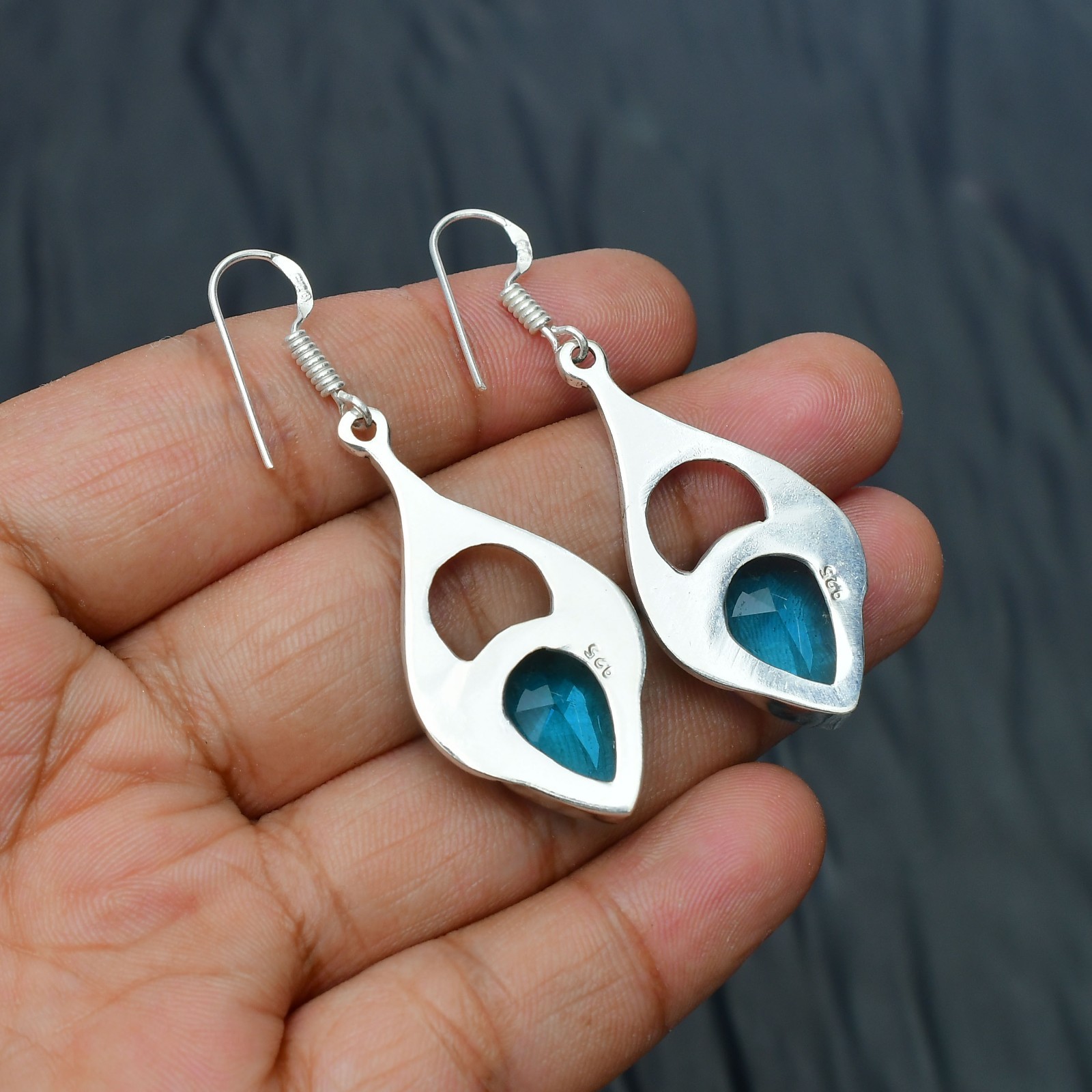 Blue Topaz (Lab-Created) Gemstone 925 sterling silver Handmade Earring 1.96″