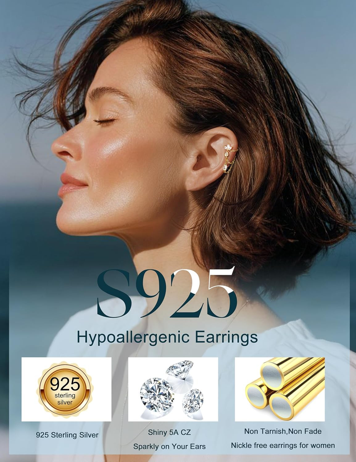 Hypoallergenic Cartilage Earrings for Women Flat Back-925 Sterling Silver Post S