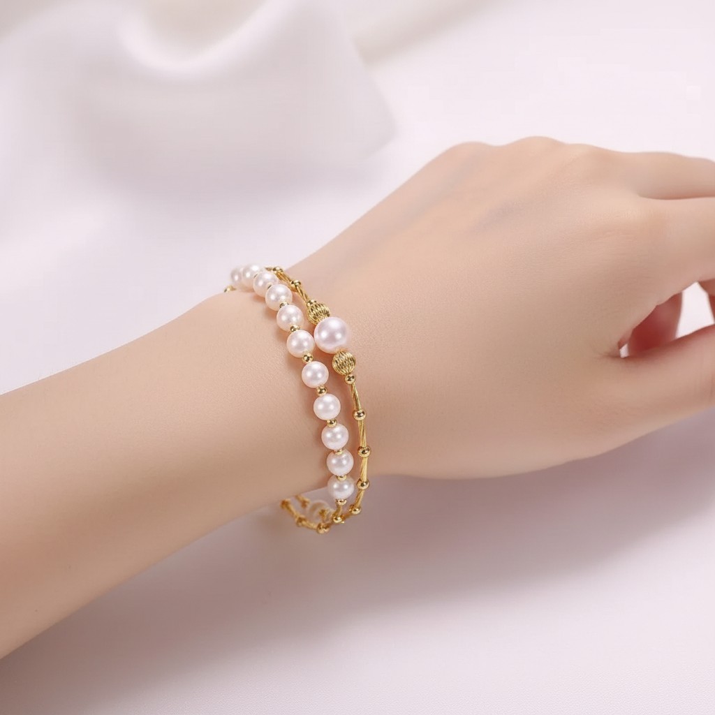 Double Layer Freshwater Pearl Bracelet 6mm 8mm Gold Plated Adjustable Elegant
