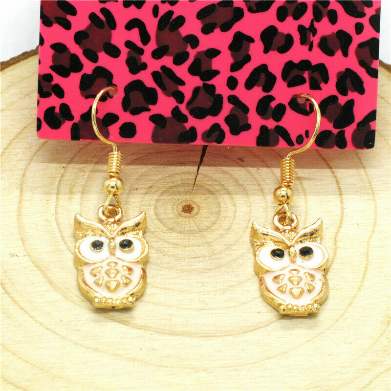 Cute New Yellow Gold Pink & White Enamel Owl Charm Hook Dangle Earrings