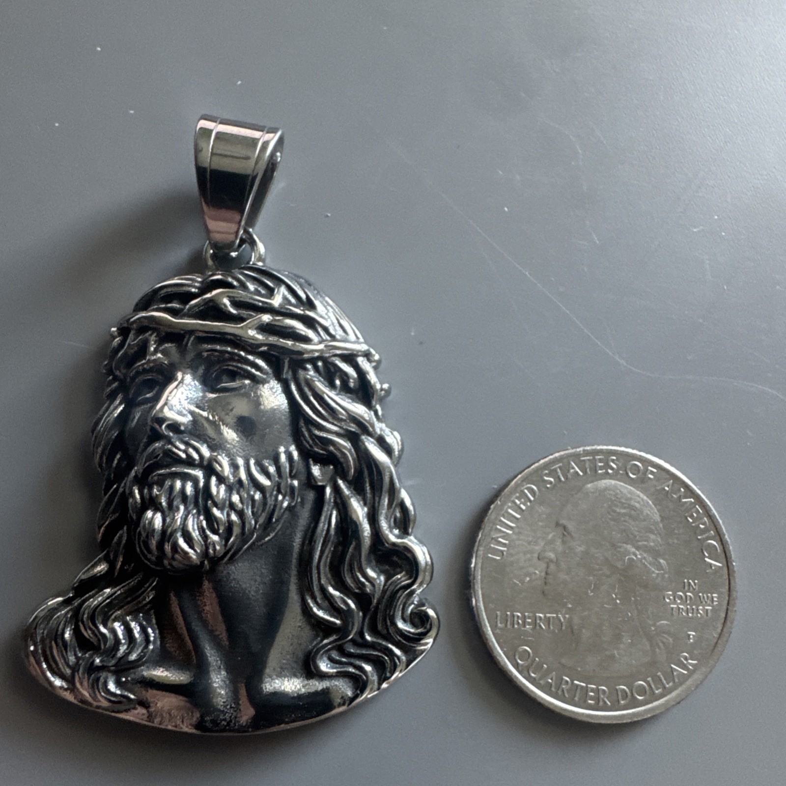 Silver Tone Jesus Head Pendant Prayer 24 Inch box Necklace Unisex Gift Catholic