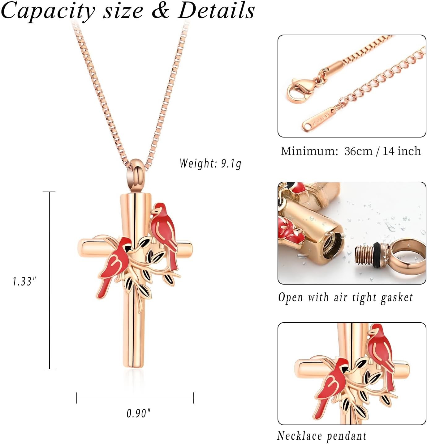 Cardinal Cross Cremation Memorial Urn Necklace for Ashes Rose Gold Pendant Gifts