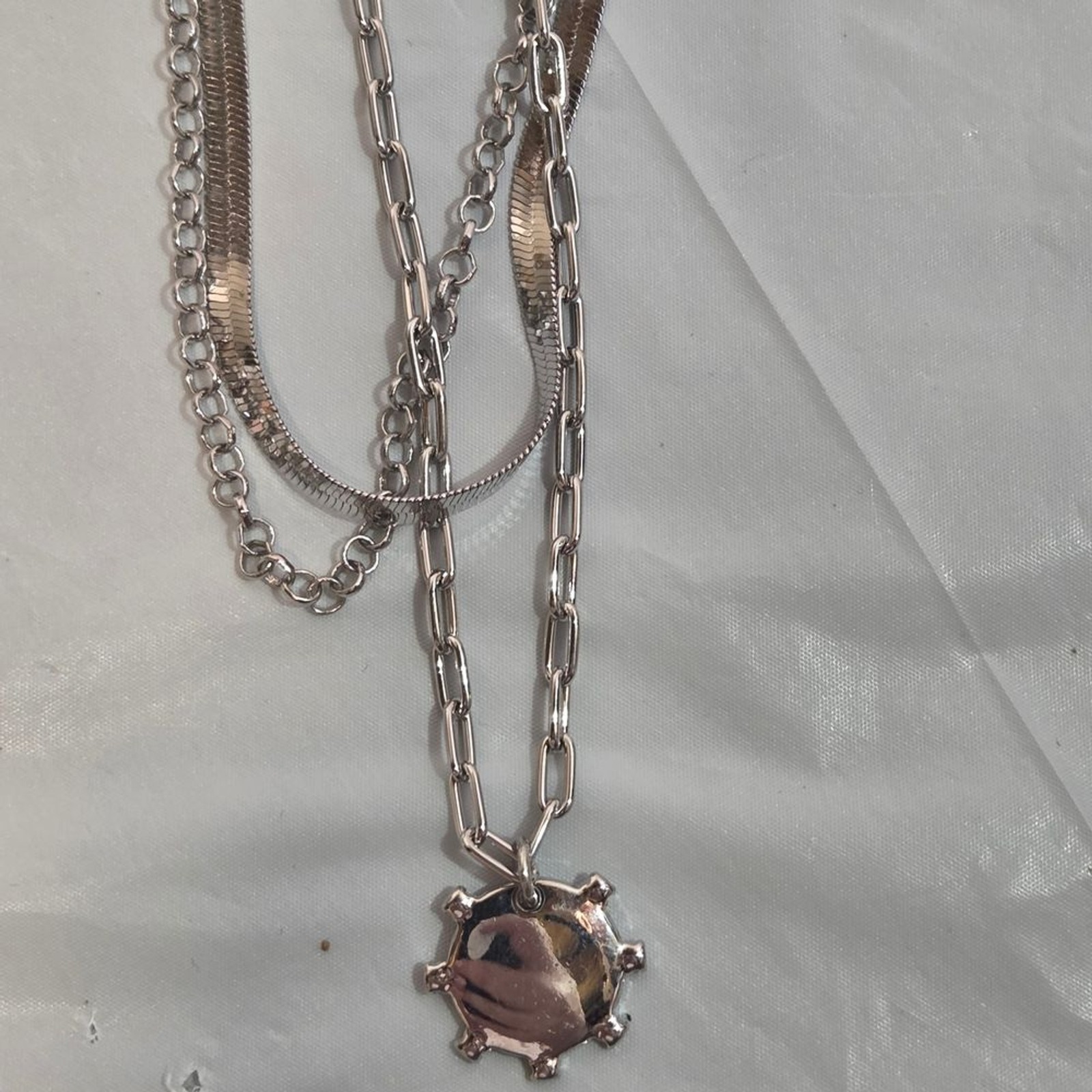 Source Unknown Multi-Layer Silver Necklace with Sunburst Charm