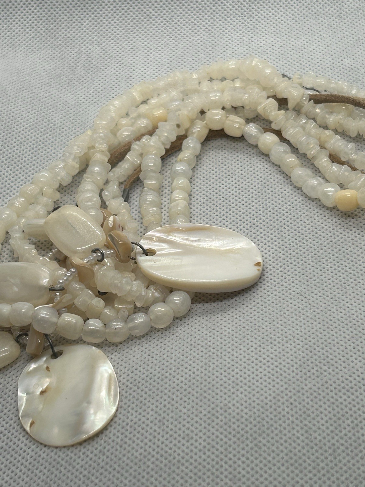 Cute & Beachy Shell Like White & Tan Necklace w/ Off white Abalone Type Accents