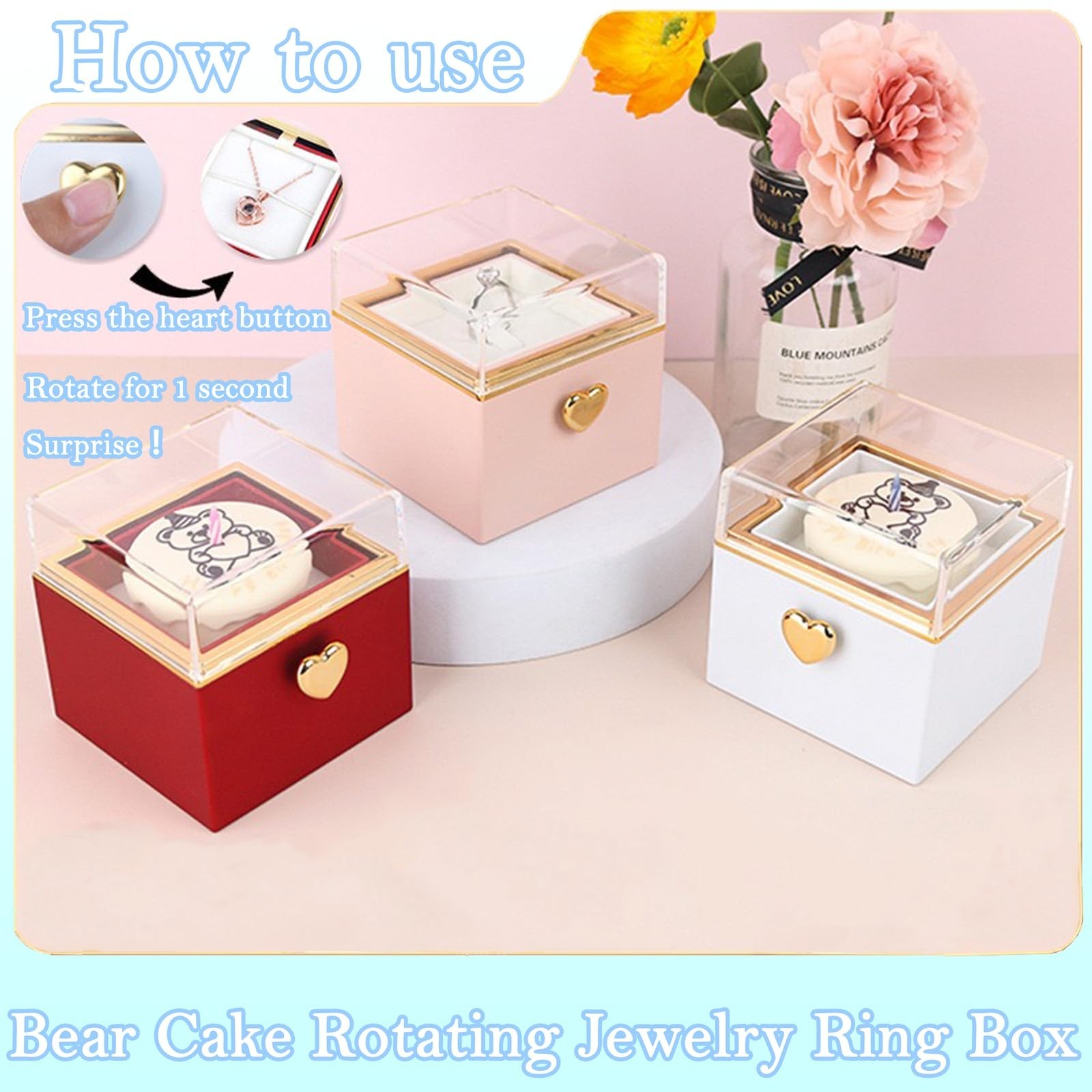 Little Bear Cake Rotating White Ring Box for Proposal, Engagement Ring Box We…