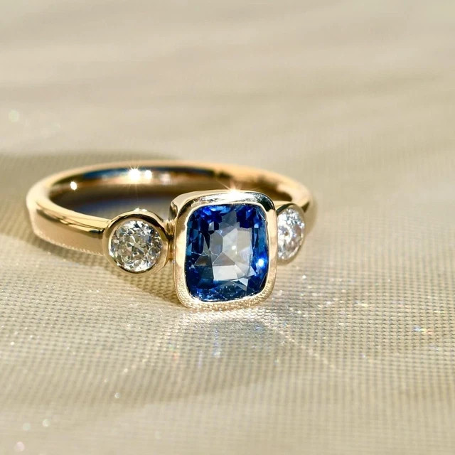 2 Ct Cushion Cut Simulated Sapphire Engagement Ring 14k Yellow Gold Plated