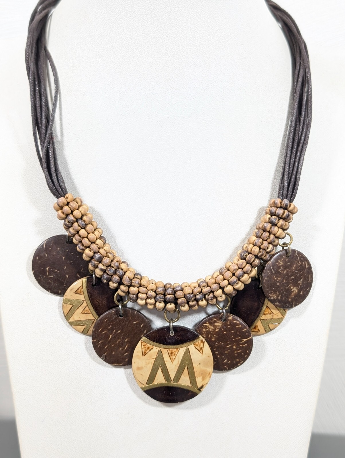 Boho Tribal Brown Coconut Wood Round Disc Charm Multi Cord Necklace 17.5 in