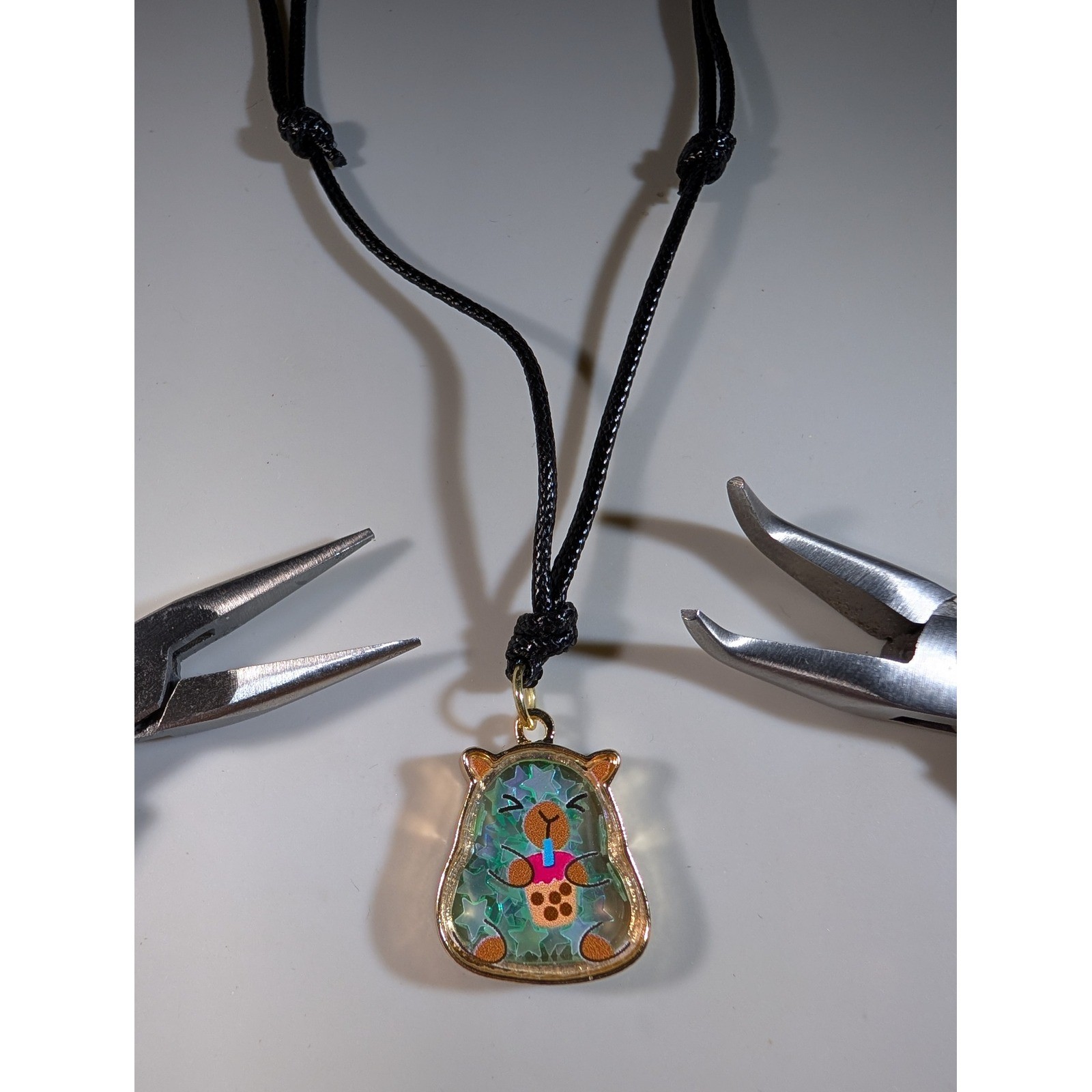 Capybara Boba Tea Pendant Necklace Black Cord Adjustable Kawaii Animal Jewelry