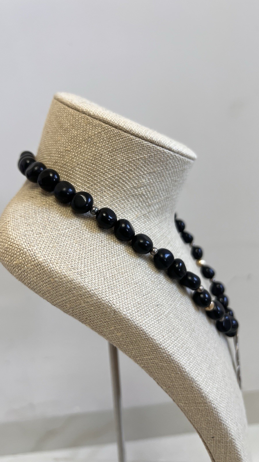 black onyx statement necklace large floral pendant, silver and gold beads, used