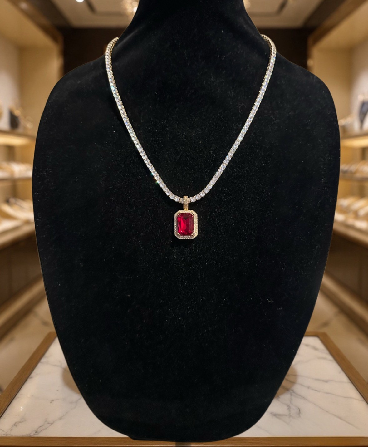RED RUBY Sapphire Pendant Tennis 75.8ct Lab Sim Gem Diamond Chain Necklace GOLD