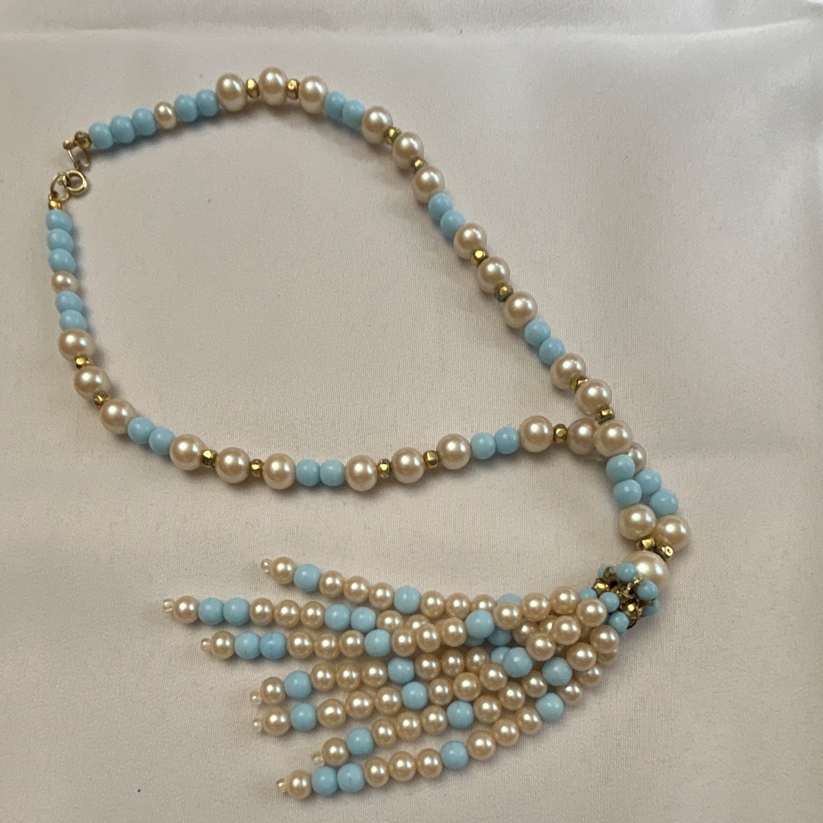 Blue Glass Bead & Simulated White Pearl Tassel Pendant Necklace, Lobster