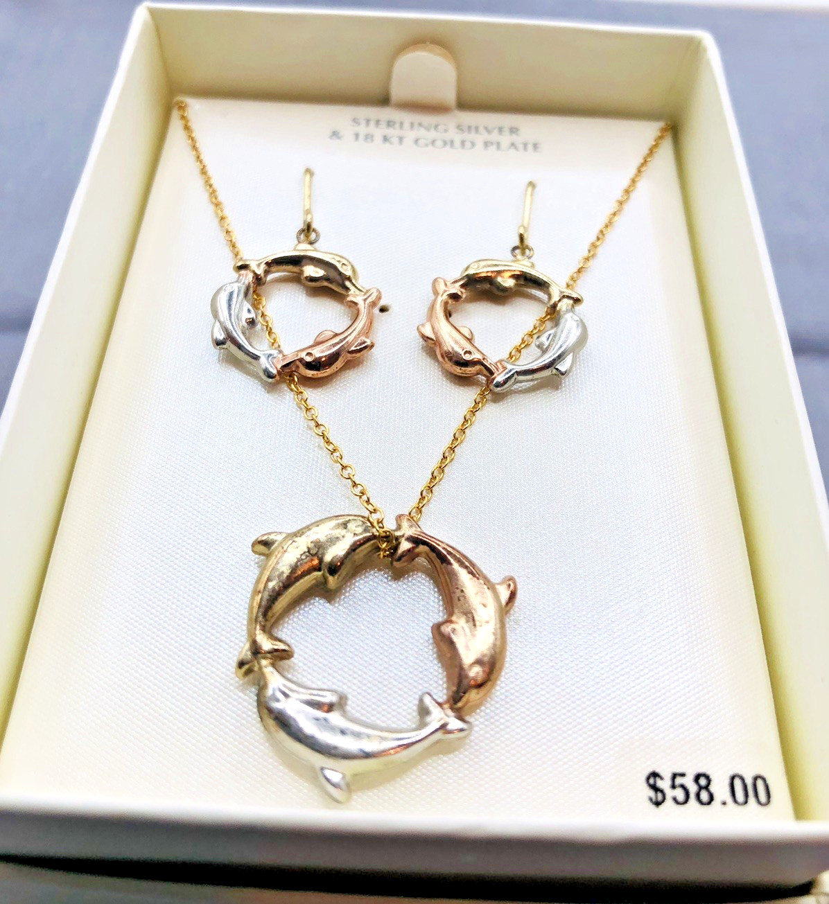 Vtg JCM Sterling Silver 925 & 18KT Gold Plate Dolphin Pendant Necklace and ERs