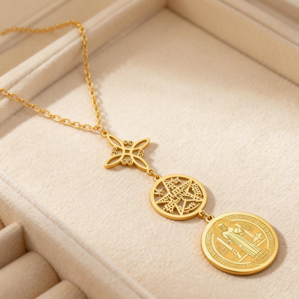 Triple Protection Knot With Witch Necklace Pentagram Tetragrammaton St. Benedict