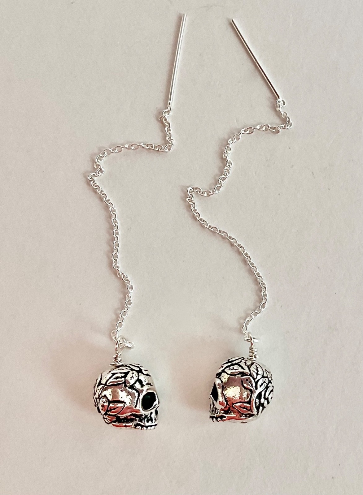 *IAJ* .925 STERLING SILVER Ear Threader Earrings w/3-D SILVER sp SUGAR SKULLS