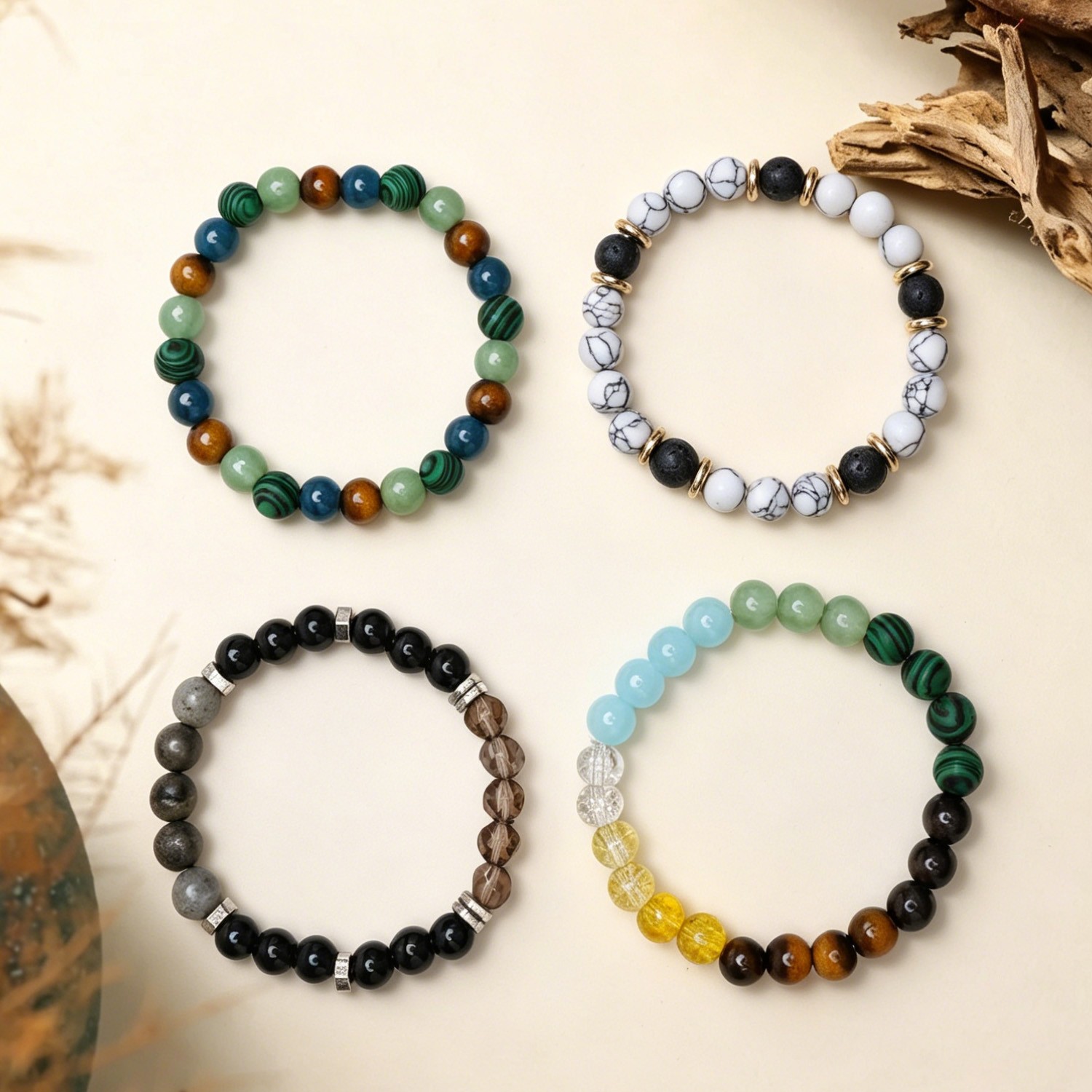 Money Wealth Natural Stone Bracelet Crystal Beaded Stretch for Him Her Gift Idea