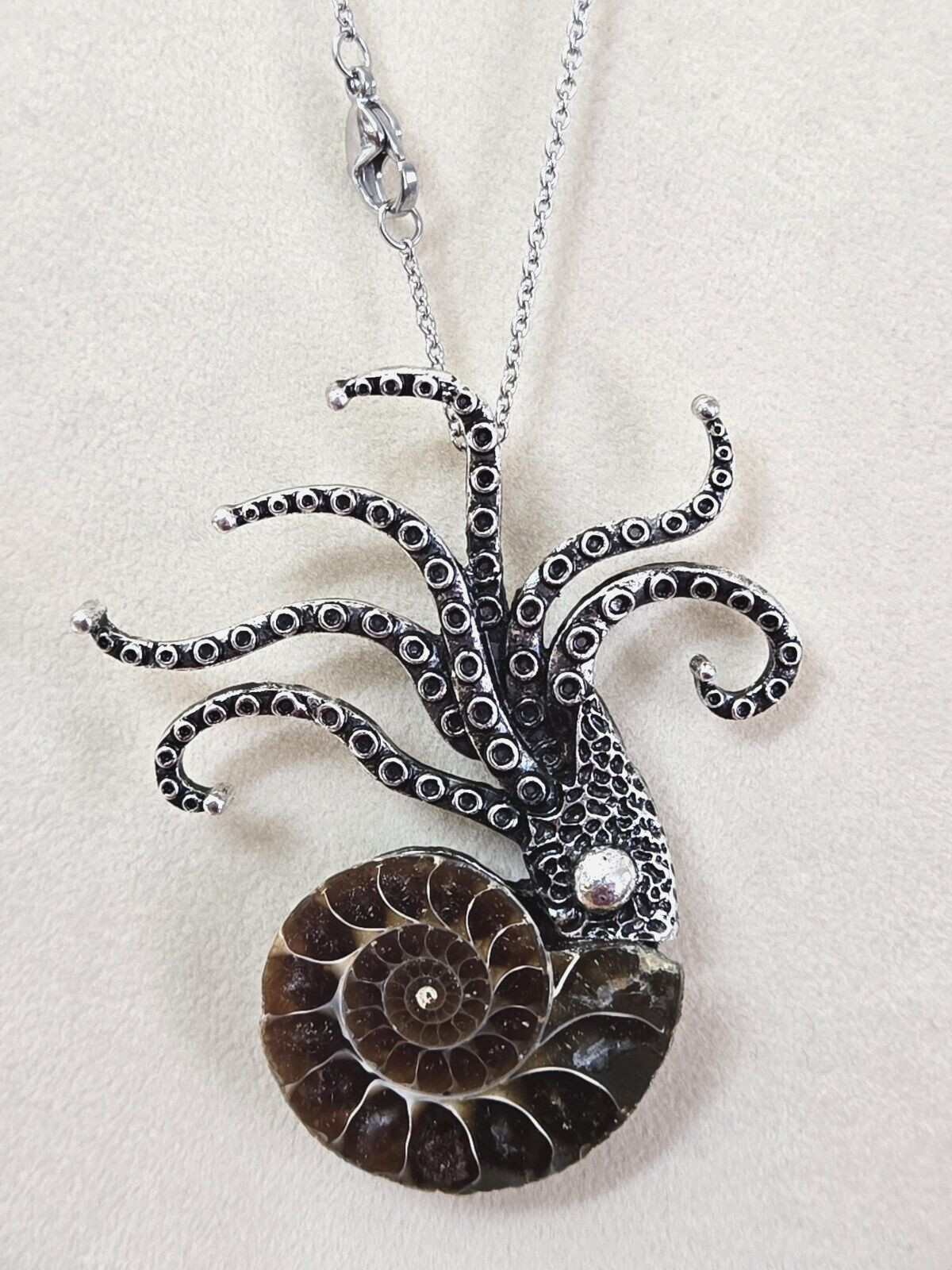 Ammonite Fossil Squid/ Octopus/ Kraken Pendant Brooch 20″ 316L Stainless Chain