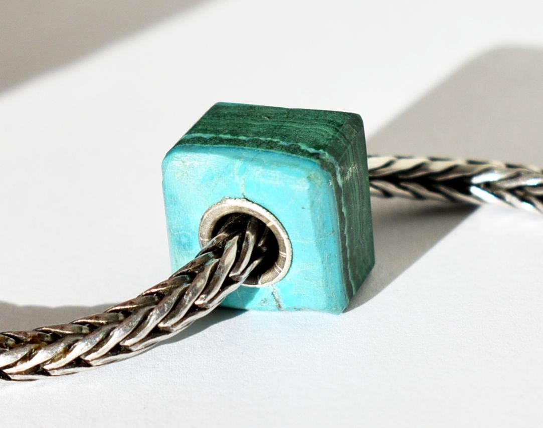 Azurite Malachite charm bead 12.2mm, full silver core, for European bracelets