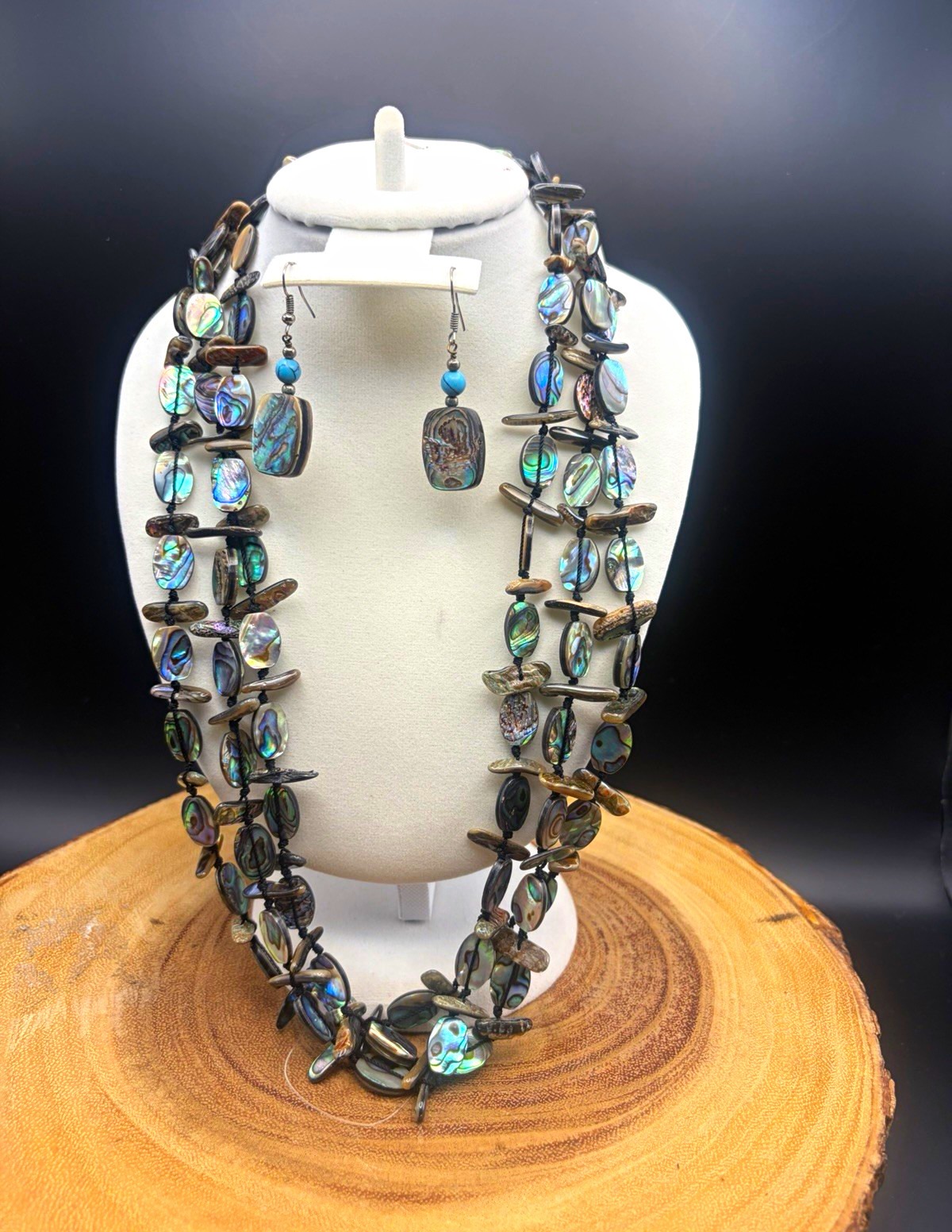 Genuine Abalone Shell 3-Strand Necklace w 925 Silver Clasp, hi Earrings Set