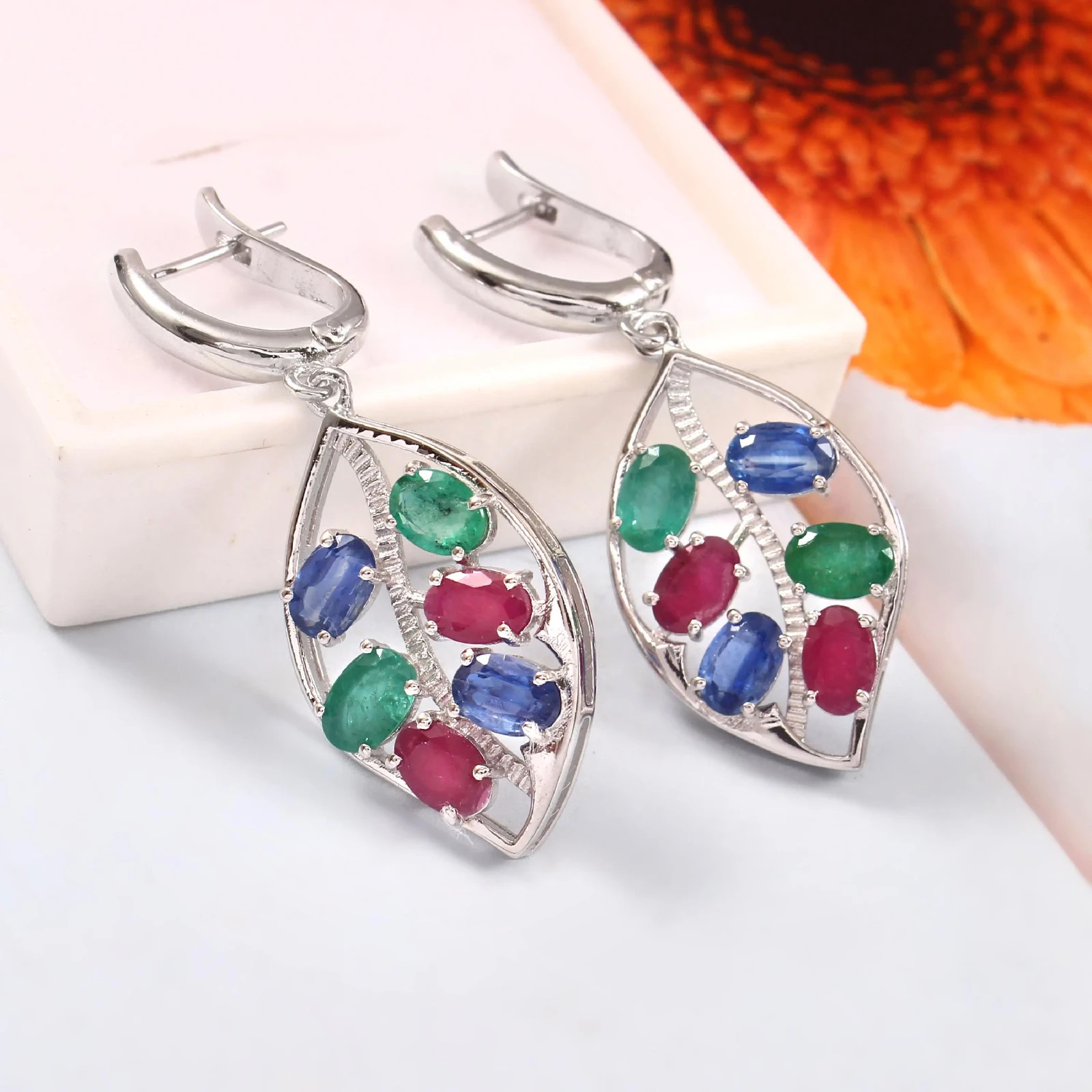 Multi Gemstone Leaf Drop Earrings Natural Kyanite Ruby Emerald 925 Silver