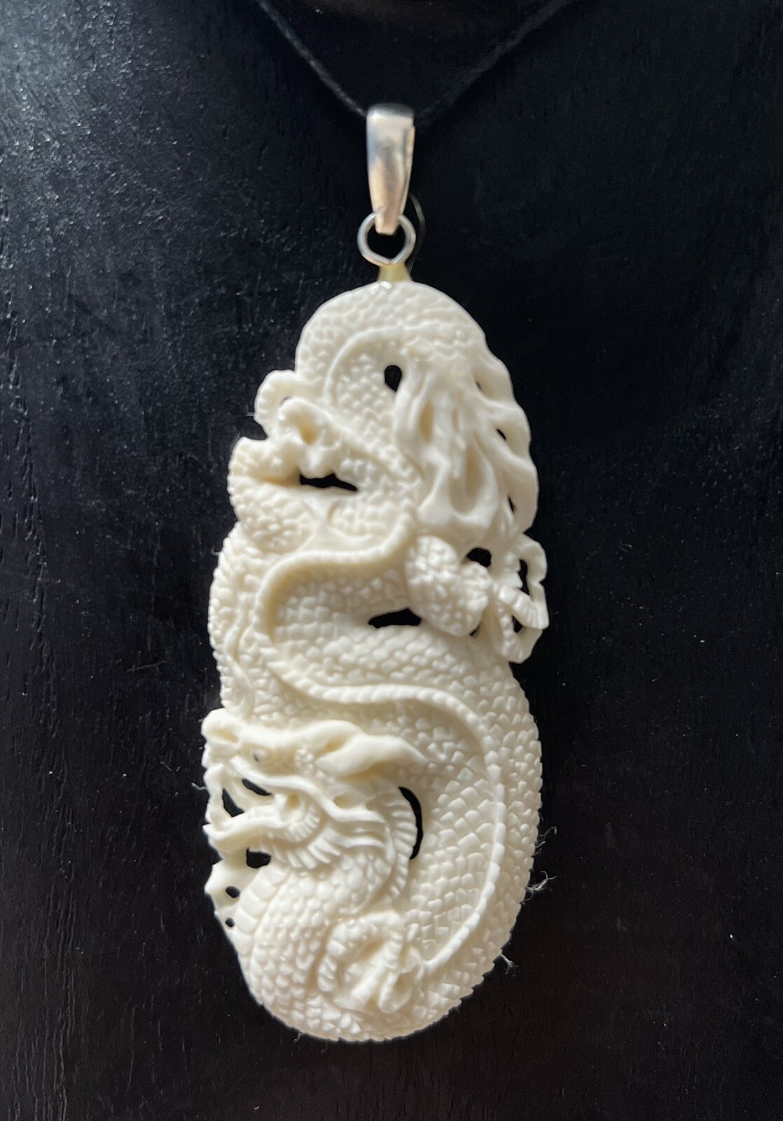 Dragon Chinese Money Sterling Silver 925 Hand Carved Bone Cow Pendant Necklace D