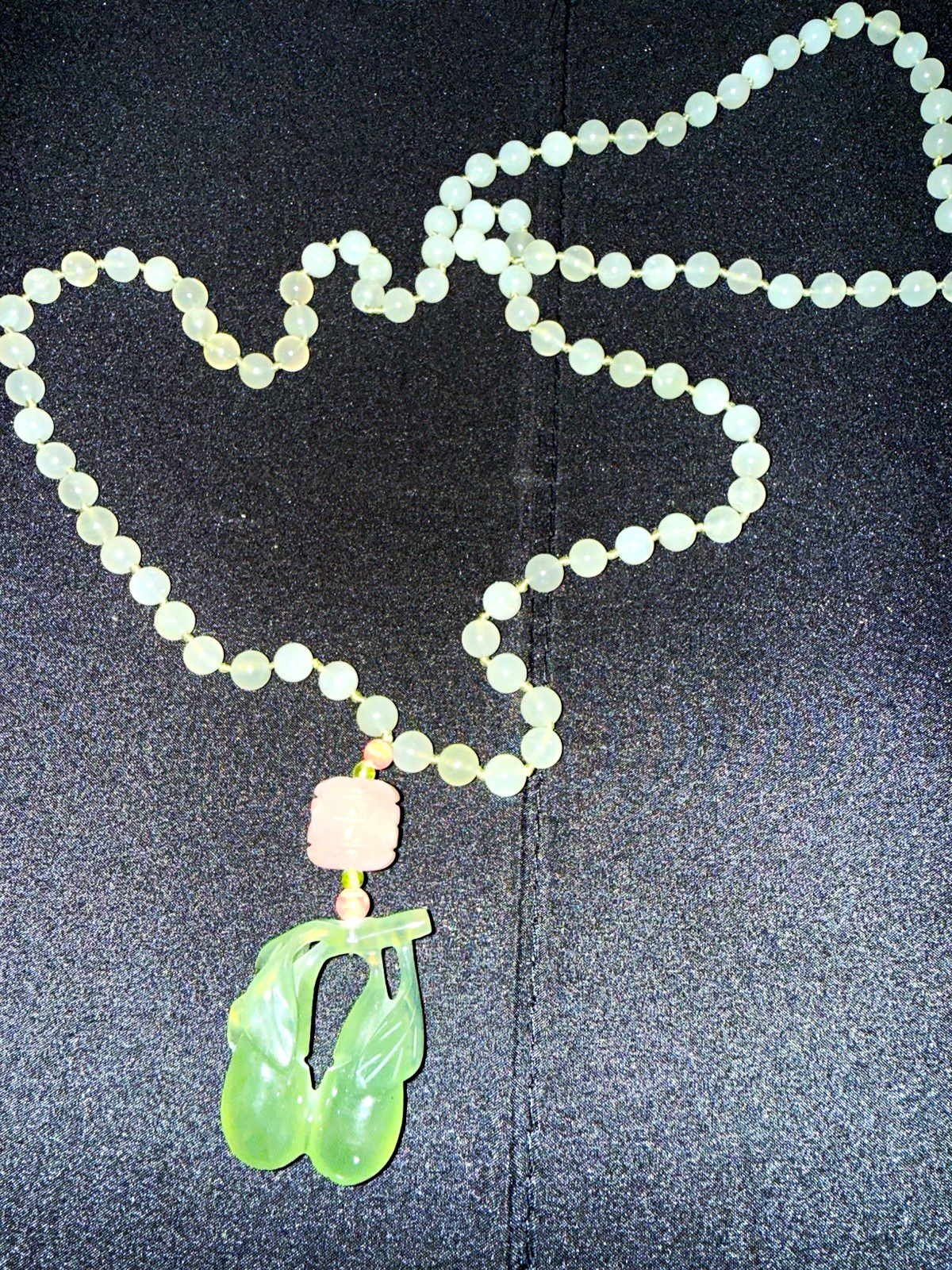 Beaded Ball Chain Necklace Green Carved Jade Asymmetrical Charm, Pink Quartz