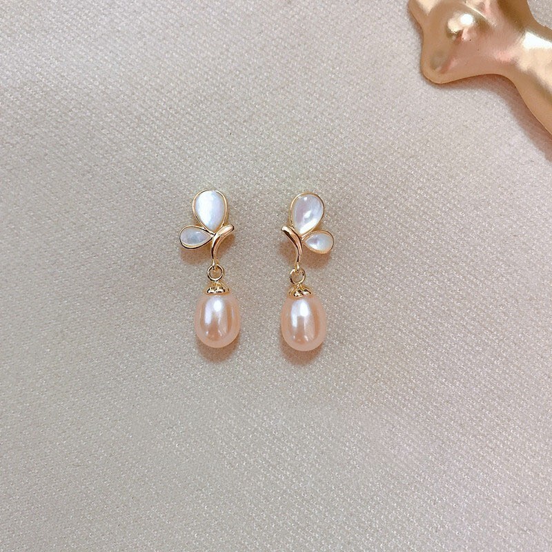 Genuine AAA natural Akoya pink pearl dangle earrings 14k yelllow gold P