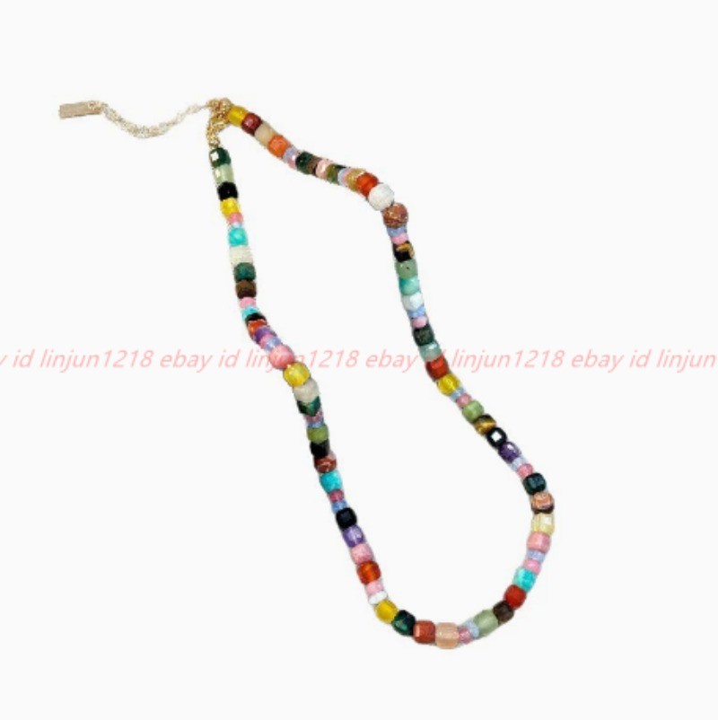 Pretty Rainbow Colors Natural Stone Turquoise Gems Square Bead Necklace 42+5cm