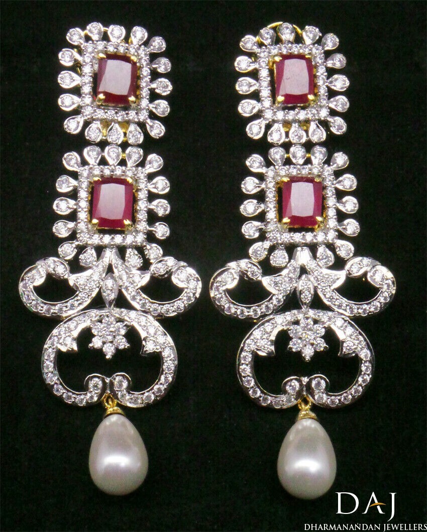 Opulent Red & CZ Dangle Earrings with Pearl Drop – Royal Elegance