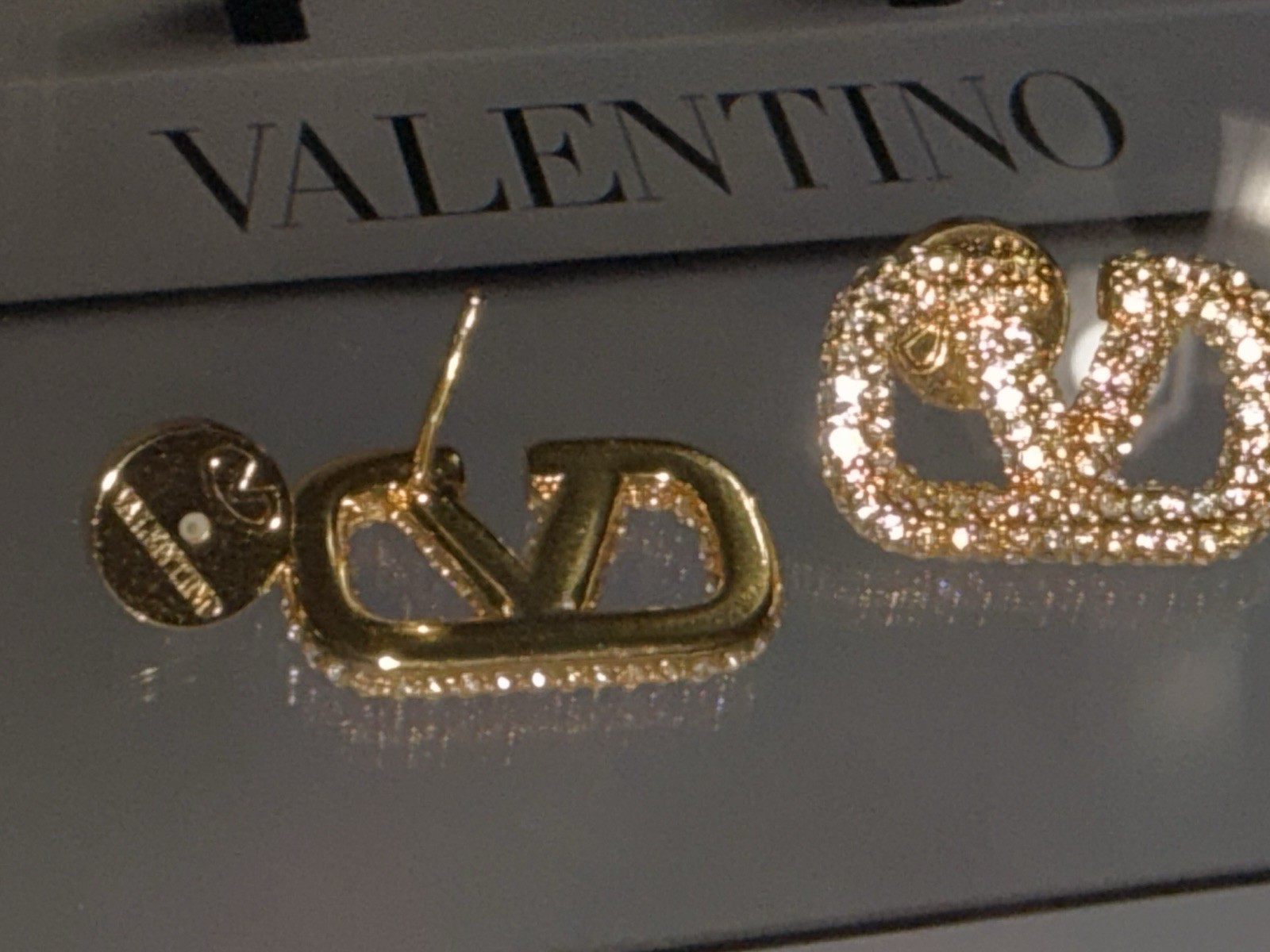 Valentino VLogo Pavé Crystal Gold Tone Stud Earrings, Butterfly Back Signed