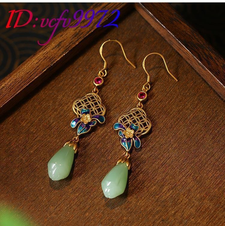 Natural Jade Flower Earrings 18K Gold Plated Talismans Stone Real Jewelry