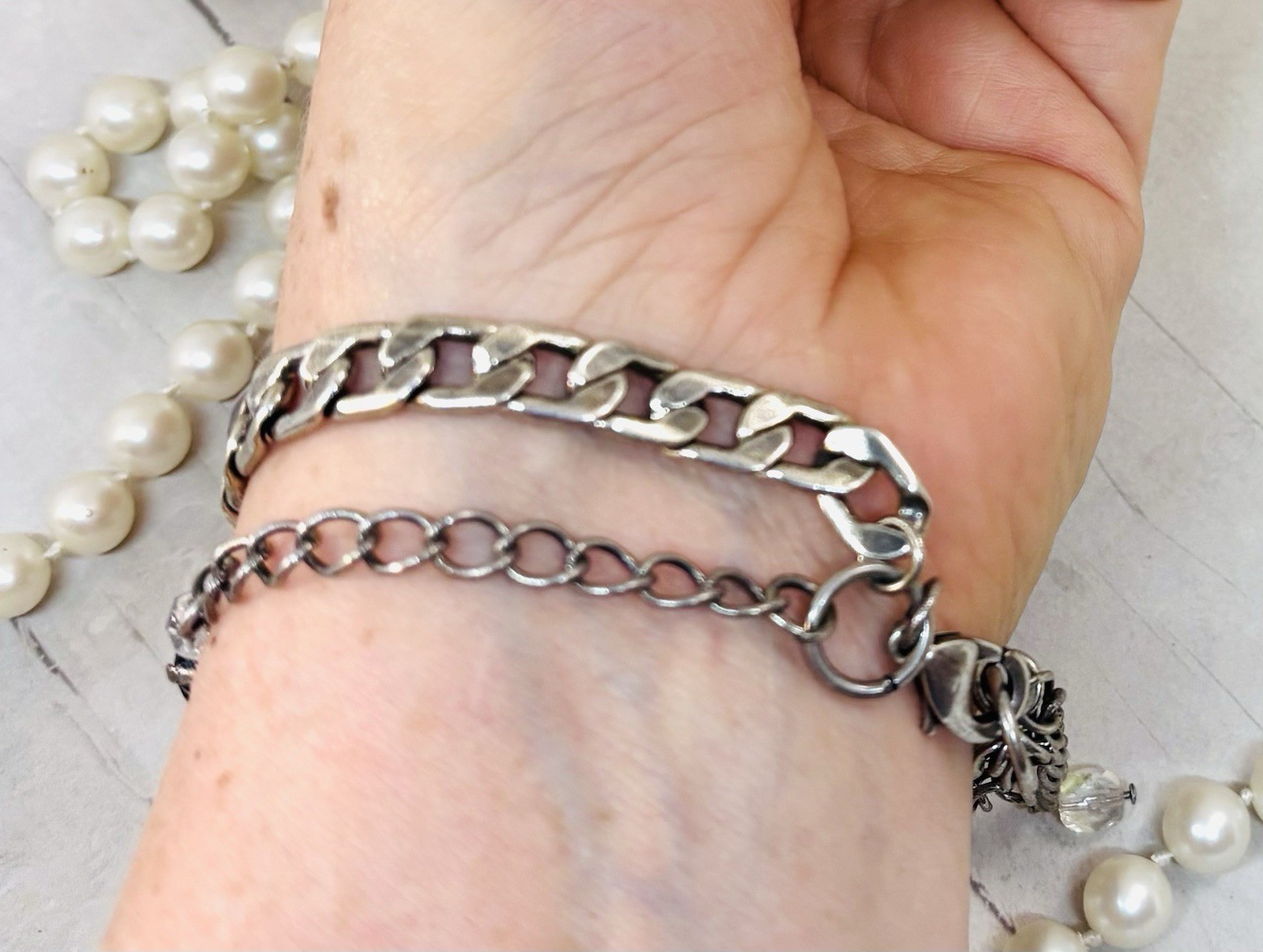 Antique Silver Plated Double Chain OOAK Bracelet, jet Black AB Bracelet