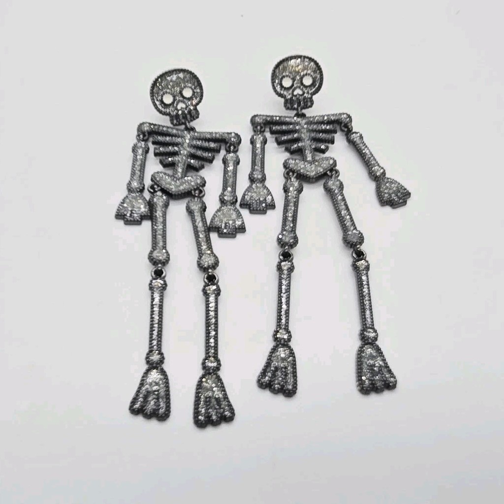 Skeleton earrings Halloween Jewelry Moving Full Body Enamel Grey Black 3.5 in