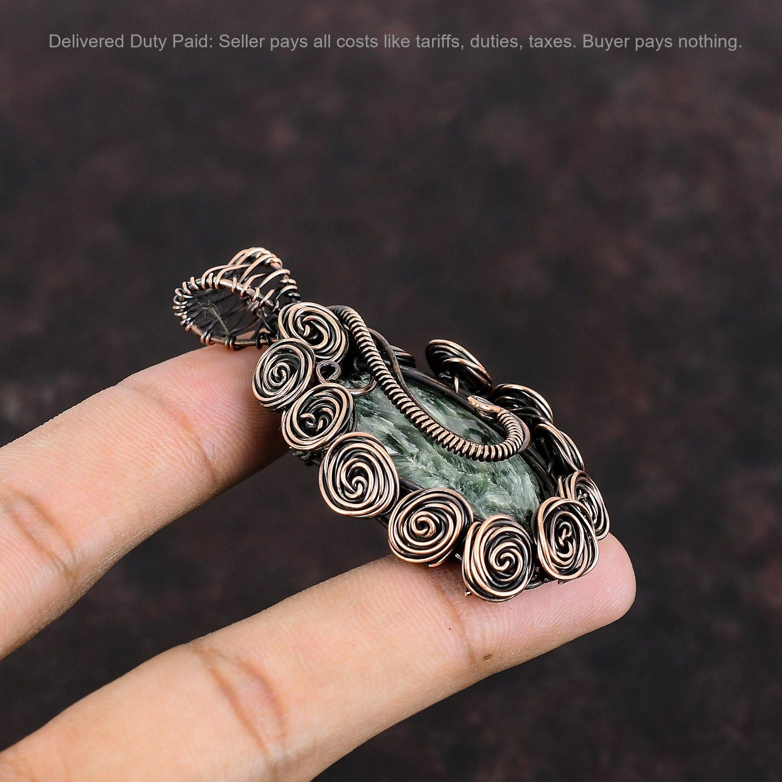 Valentines Sale Seraphinite Stone Copper New Wire Wrapped Flower Pendant Jewelry
