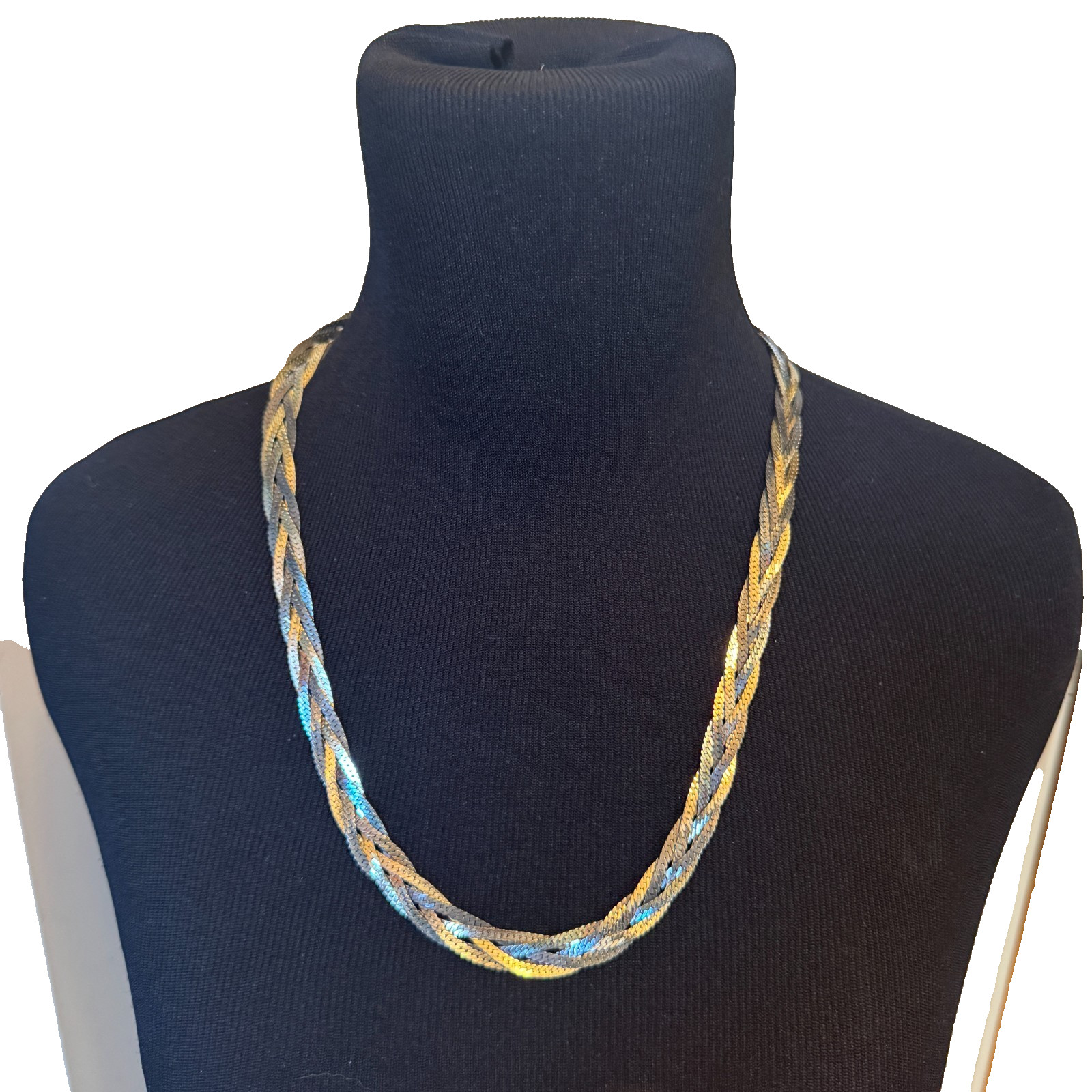 VTG Tri-Color Braided Herringbone Necklace 24” Gold Silver Rose Gunmetal Tone