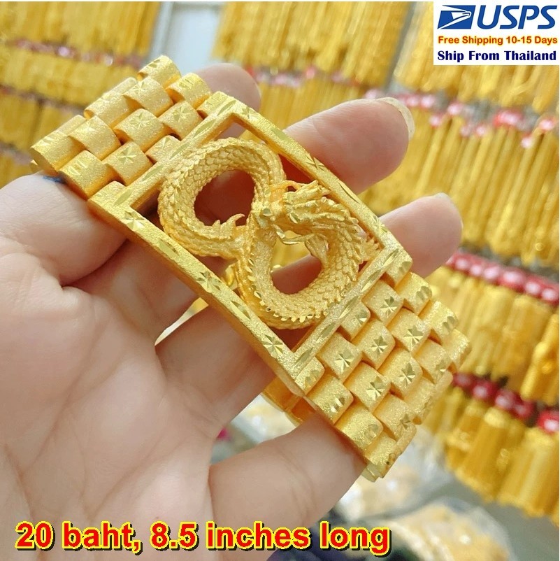 D3 Carved Dragon Bracelet 24k Gold Plated Men Jewelry Gem Weight 20 Baht 8.5″
