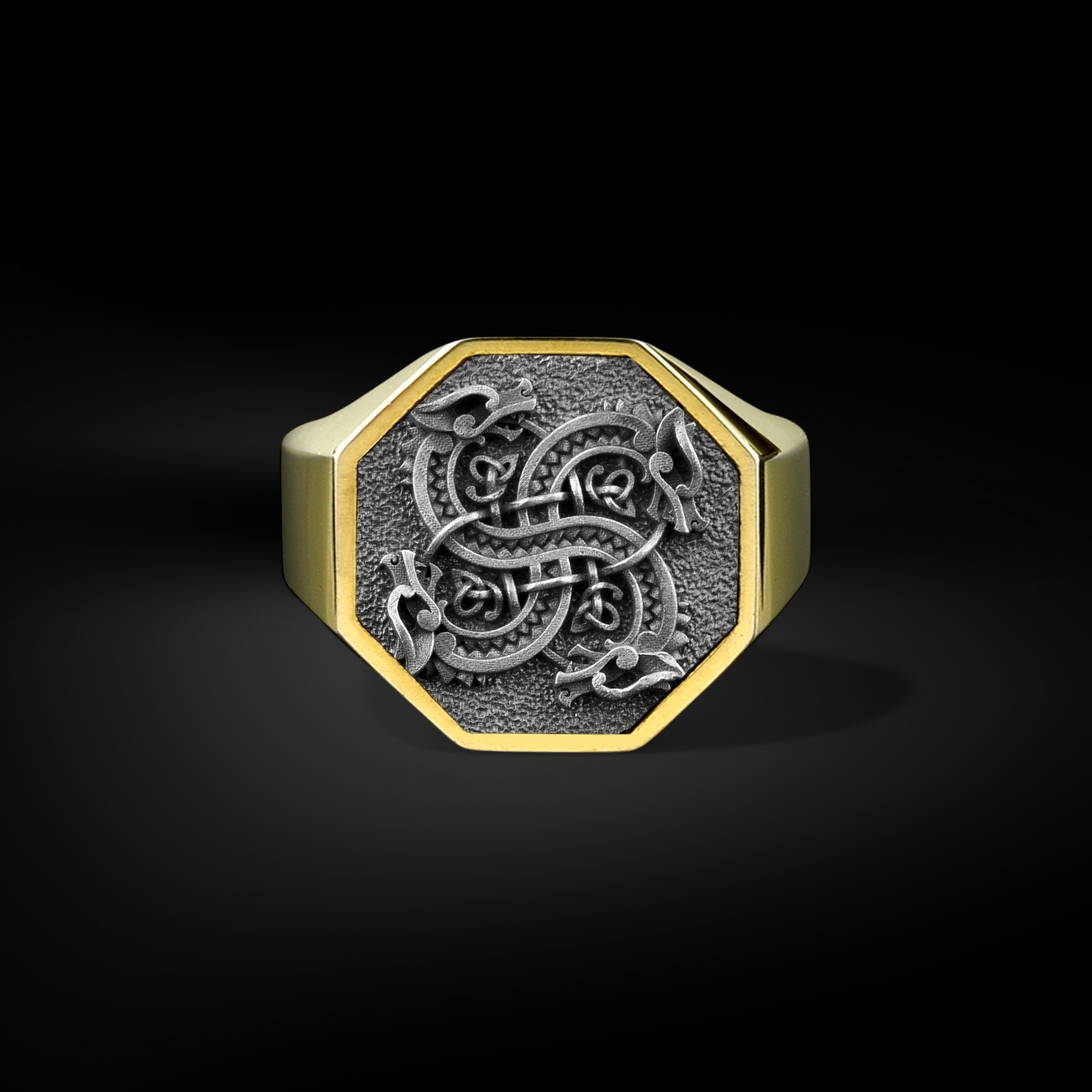 925 Sterling Silver Viking Dragon Mens Signet Ring