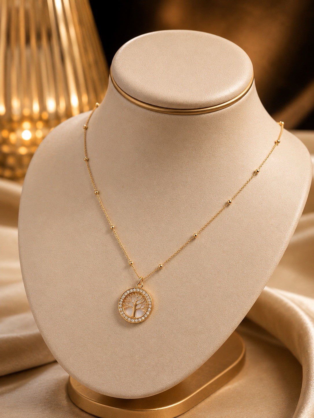 Gold Tone Yellow Gold Tree of Life Pavé CZ Round Pendant Necklace #71307 #81245
