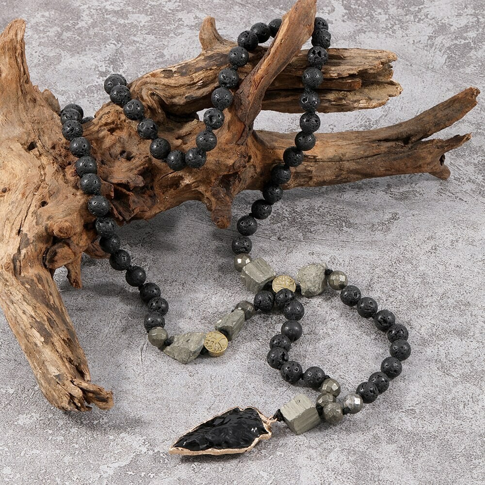 108 Mala Lava Rock Stone Obsidian Arrow Charm Amulet Meditation Healing Necklace