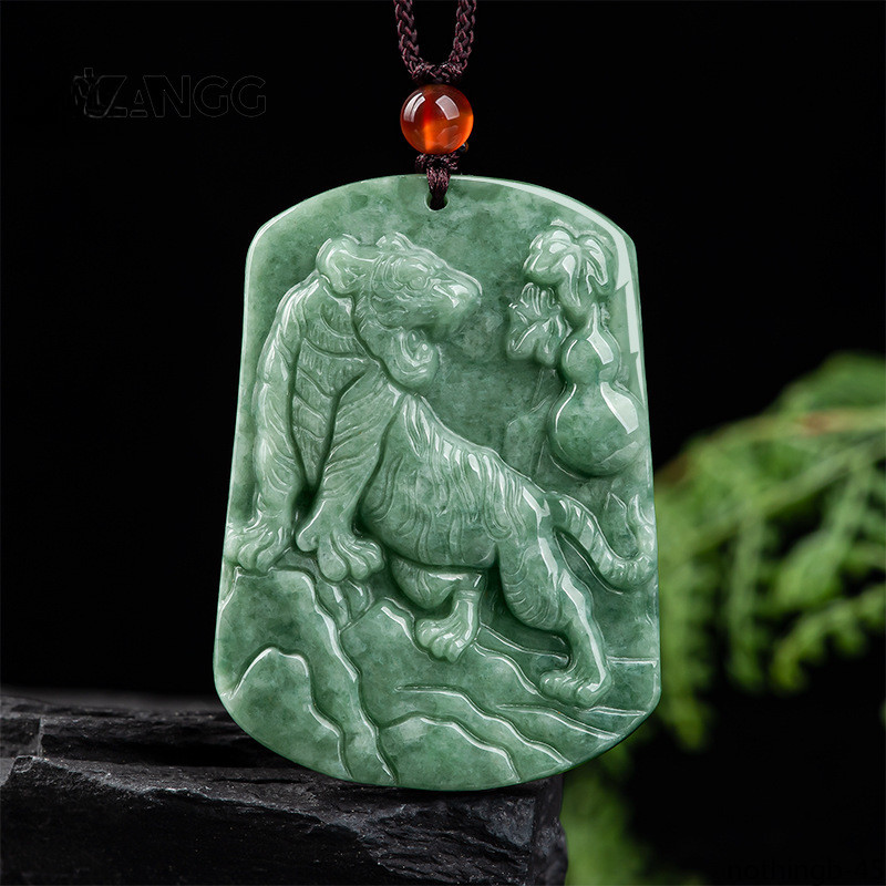 Natural Jadeite Tiger Pendant Fu Tiger Male and Female Jade Necklace