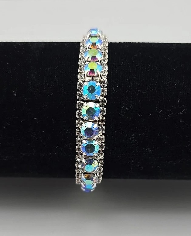 Sparkling AB Rhinestone Crystal Silver Tone Tennis Bracelet 7.25″ AuroraBorealis