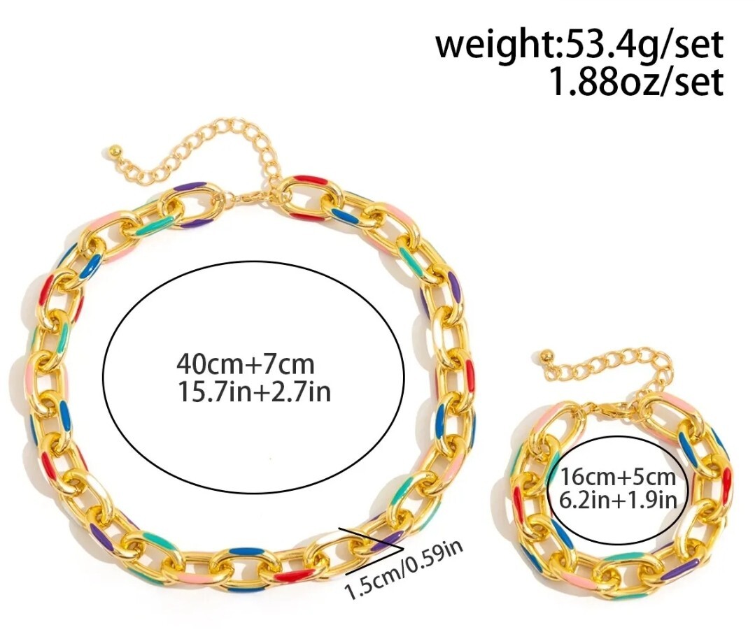 Chunky Statement Jewelry Set Gold Multi Color Necklace & Bracelet 13-8