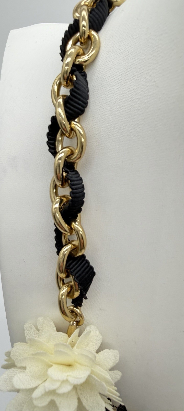 Talbots Black Ivory Floral Statement Necklace Gold Tone Chain Grosgrain Ribbon