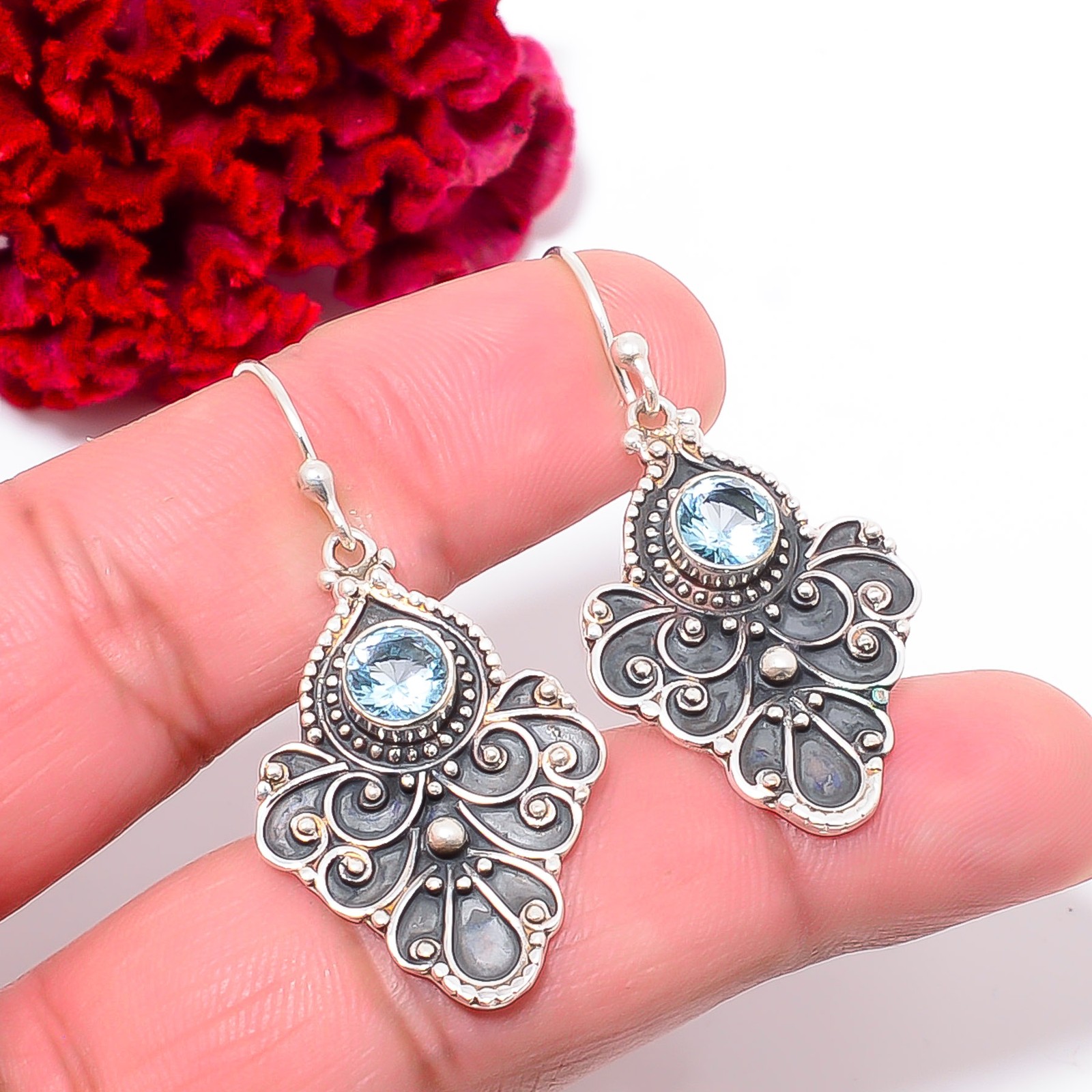 Aquamarine Fine Art Oxidised 925 Sterling Silver Earring 1.76″ E1028910419