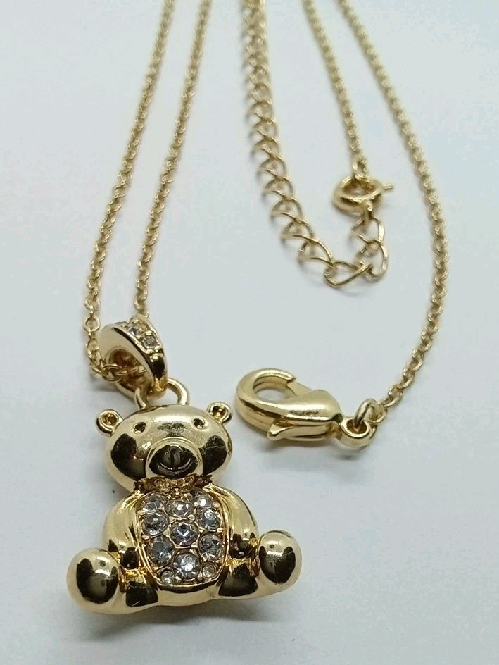 Cute Signed NVC Teddy Bear Goldtone Rhinestone Pendant Necklace #208