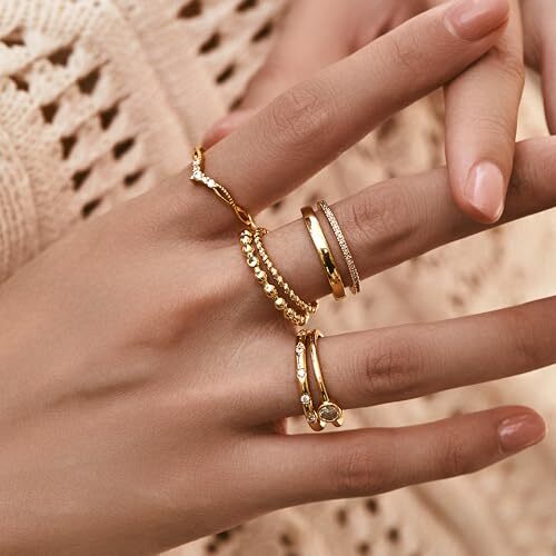 6PCS Stackable Gold Rings for Women Non Tarnish Trendy Dainty 9 Elegant Style