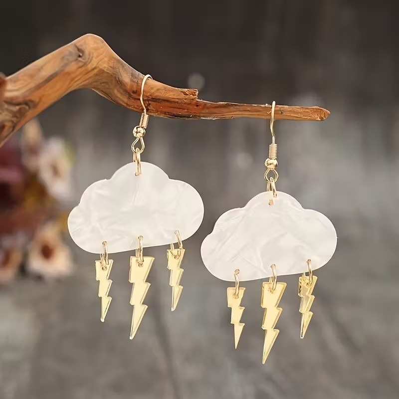 White Cloud Lightning Bolt Dangle Earrings Gold Tone Weather Stormy Jewelry