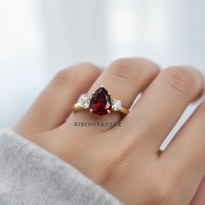 Pear cut garnet Ring 925 Sterling Silver Women’s Engagement Ring.